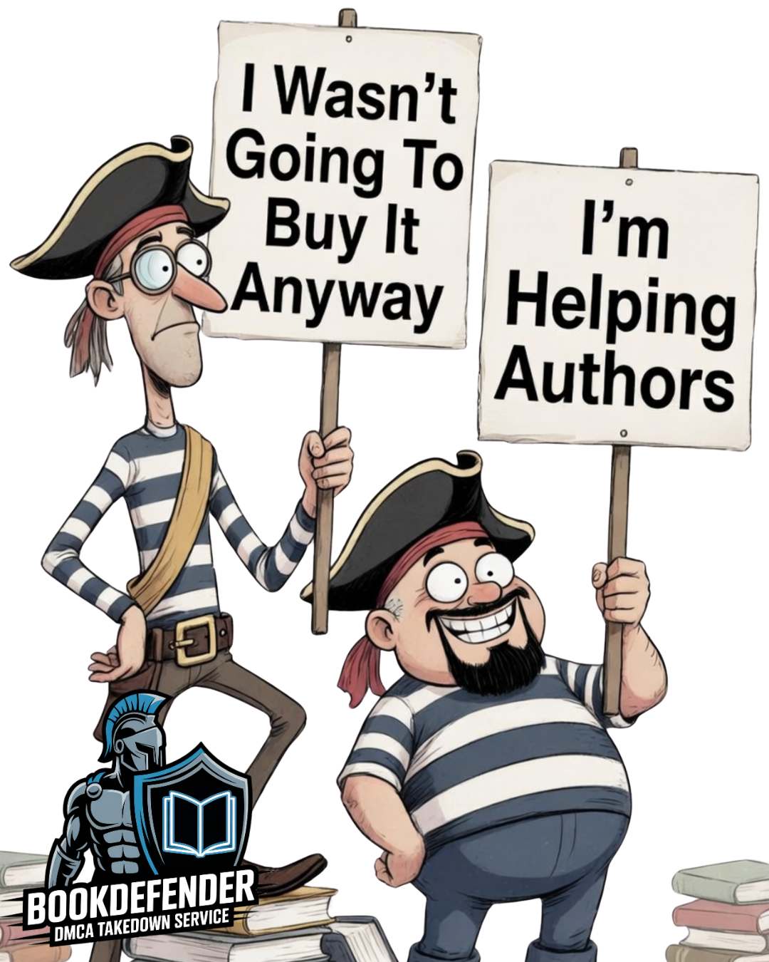 Cartoon pirate holding a sign with a copyright myth, representing common excuses book pirates use